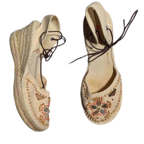 Vtg Y2K Roxy Ivory Canvas Beaded Shell Embellished Espadrille Sandals Sz 7 - Picture 1 of 6